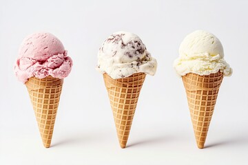 Ice cream cones with various flavors isolated on background