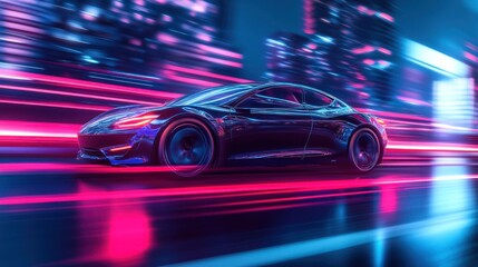 Fototapeta premium Futuristic Sports Car Racing through Neon City