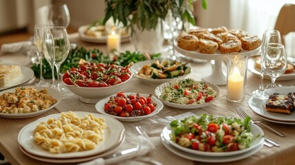A high-angle view of a beautifully set dining table with a variety of homemade dishes, including salads, pasta, and desserts, ready for a family meal.