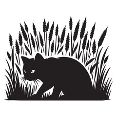 Black vector silhouette of a cat peeking out from a tall grass patch. The cat’s body is low to the ground with its ears alert, suggesting a stealthy and cautious stance as it observes its surroundings