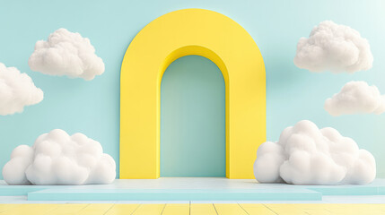 Floating cotton clouds in an arched blue doorway on a vibrant yellow background.