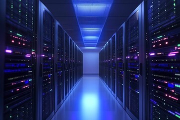 Fototapeta premium Network servers in data room Domestic Room. 3D rendering. Computer digital background with generative ai
