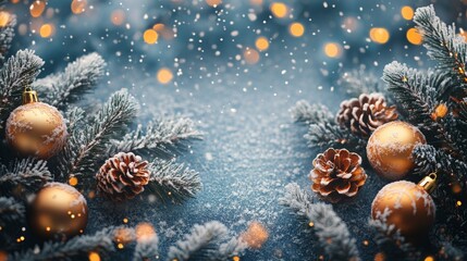 Glowing lights and falling snow enhance the beauty of frosted branches adorned with gold Christmas ornaments, creating a luxurious holiday scene.