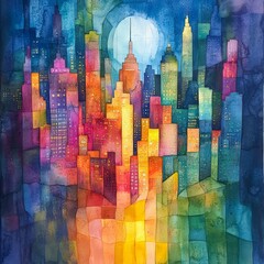 Abstract Watercolor Cityscape with Full Moon at Night