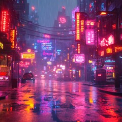 Cyberpunk Neon City Street Rainy Night