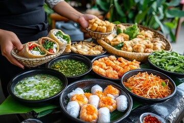 Obraz premium A culinary tour of Vietnam, where travelers sample pho, bÃ¡nh mÃ¬, and fresh spring rolls from bustling street vendors