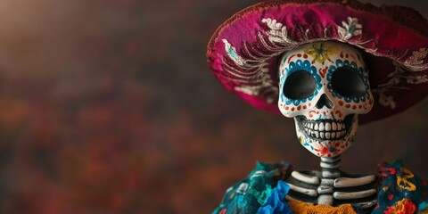 Fototapeta premium Catrina for Día de los Muertos, Day of the dead against dark background with copy space. Traditional, religious and mexican celebration. 