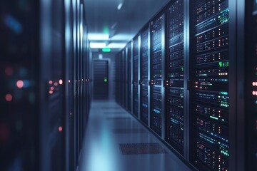 Fototapeta premium Network servers in data room Domestic Room. 3D rendering. Computer digital background with generative ai
