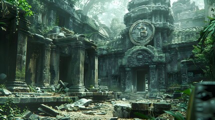 lost ancient city in the jungle with a big bitcoin sign on it