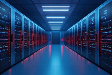 Fototapeta premium Network servers in data room Domestic Room. 3D rendering. Computer digital background with generative ai