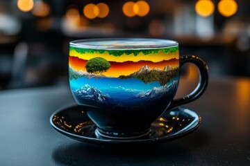 A cup of rainbow-colored tea, with layers representing different climates and biomes of the Earth