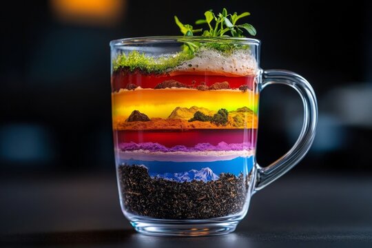A cup of rainbow-colored tea, with layers representing different climates and biomes of the Earth