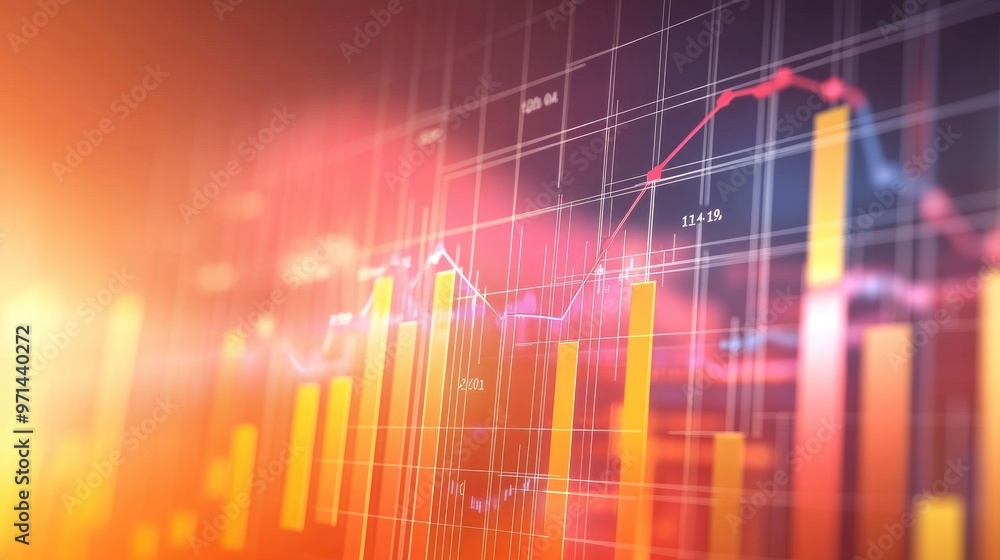Poster a high-resolution image of a business financial graph with rising lines and bars, overlaid with nume
