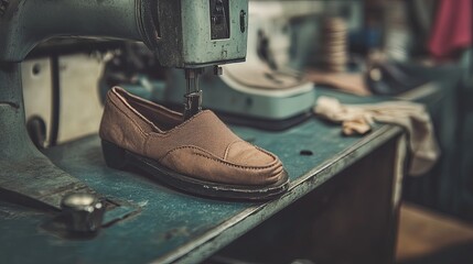 Fototapeta premium Handmade Leather Shoe on Sewing Machine