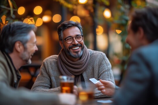 A happy group of middle-aged friends enjoying a relaxing evening together at an outdoor café or bar. - Powered by Adobe