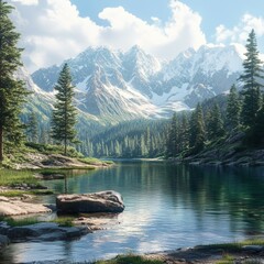 Obraz premium Tranquil Mountain Lake with Snow capped Peaks and Lush Evergreen Forest