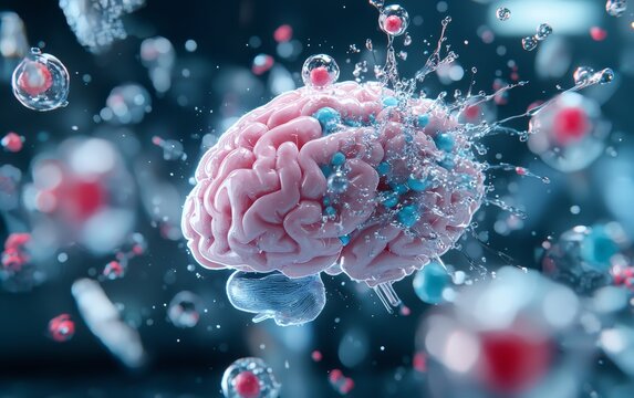 A brain breaking apart into molecular structures, symbolizing the scientific dissection of thought and the biology of consciousness