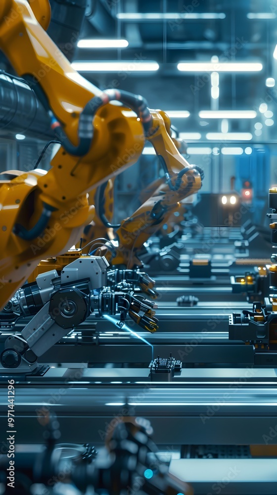 Aufkleber robotic arms automating product assembly on factory floor