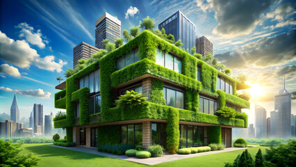 Modern eco-friendly building showcasing rooftop gardens, green walls, and sustainable design.