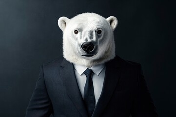 Obraz premium Polar bear in a suit and tie on a gray background. Polar bear like a human in suit. Portrait of a strong Polar bear in a suit on a dark background with generative ai