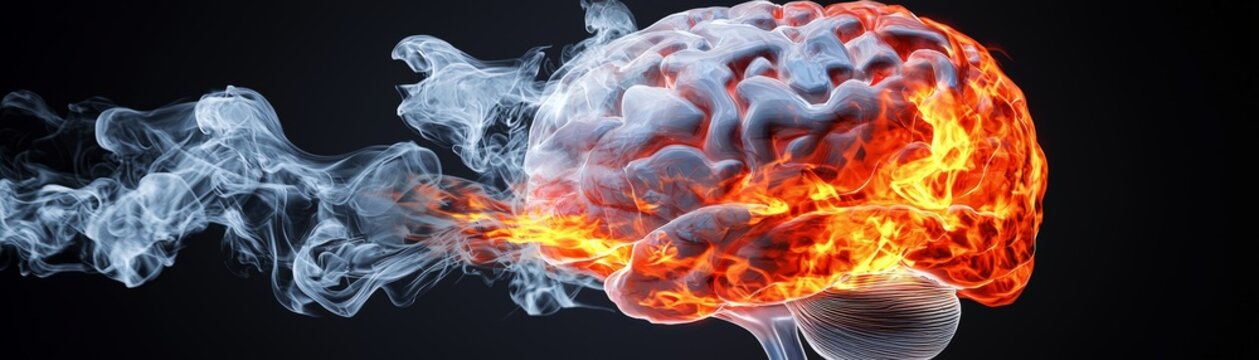A brain exploding into flames, with fiery tendrils representing the intensity of passion, thought, or mental overload