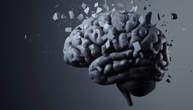 A detailed human brain disintegrating into geometric shapes and patterns, symbolizing abstract thinking or complex ideas