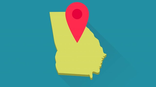 Looped animation of a red location marker bouncing on the 3D yellow map of US State of Georgia on blue background with long shadow design (flat design)