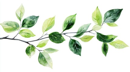 Artistic watercolor clipart featuring lush green leaves on a branch, white