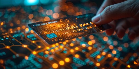 Hand holding a credit card with glowing digital elements, symbolizing secure online transactions and financial technology