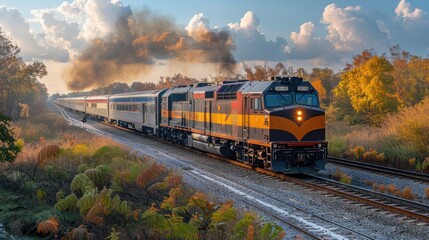 Obraz premium Rustic steam train chugging through scenic countryside, surrounded by lush greenery and distant mountains, evoking nostalgia and the charm of bygone travel eras.