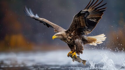 The eagle is catching fish in the river by flapping its wings