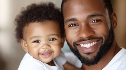 A close-up portrait of a handsome 30-year-old African American father gently holding his sweet baby, both faces glowing with happiness, the soft lighting and bright tones creating