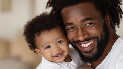 A high-detail image of a proud African American father, 30 years old, embracing his cute baby, both of them smiling, surrounded by soft natural light in a light-colored room, captu