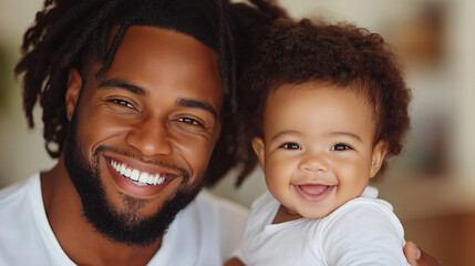 A stunning, highly detailed family portrait of an African American father, age 30, with his adorable baby, both smiling under soft, warm lighting, the photo framed in gentle, brigh