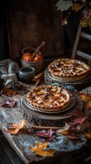 Naklejka premium A rustic table showcases freshly baked pumpkin pies, cinnamon sticks, and vibrant autumn leaves, capturing the essence of fall festivities