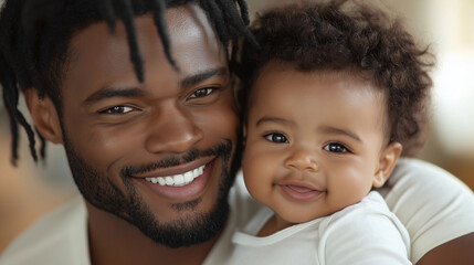 A stunning, highly detailed family portrait of an African American father, age 30, with his adorable baby, both smiling under soft, warm lighting, the photo framed in gentle, brigh