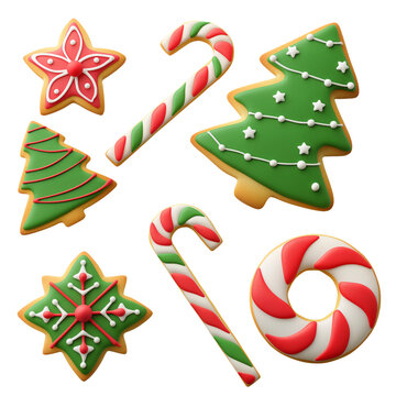 Christmas gingerbread cookies with sugar glaze decor, isolated set