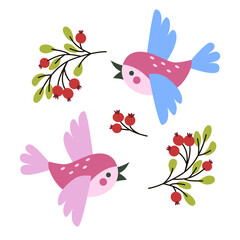 Two bright little birds in flight with open beak flapping wings. Decorative ornament of branches with ripe berries. Vector simple cute children's illustration on white isolated background for design.