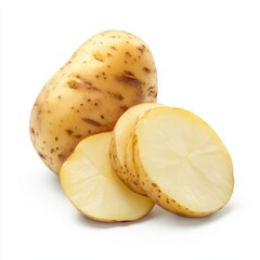 A single potato with two slices cut out, isolated on a white background