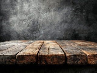 Aged wooden table with textured planks and a dark, weathered background, perfect for product display or branding in cafés, restaurants, bars, or carpentry businesses with empty copy space for text