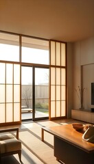Obraz premium Shoji Screen Cozy Modern Japanese Traditional Sliding Paper Window Minimalist Frame