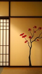 Japanese Interior Shoji Screen Painted Bonsai Tree and Flowers on Wall Trunk  Branch Details