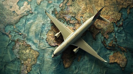 A model airplane positioned above a vintage map of the world, symbolizing travel and exploration.