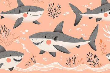 A playful pattern featuring cartoon sharks swimming among sea plants on a pastel background.