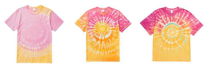 A vibrant collection of tie-dye t-shirts showcasing pink and yellow spirals, perfect for summer fashion and casual wear. transparent background