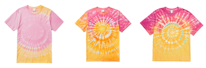A vibrant collection of tie-dye t-shirts showcasing pink and yellow spirals, perfect for summer fashion and casual wear. transparent background