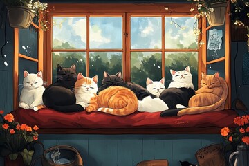 a group of cats sitting on a window sill