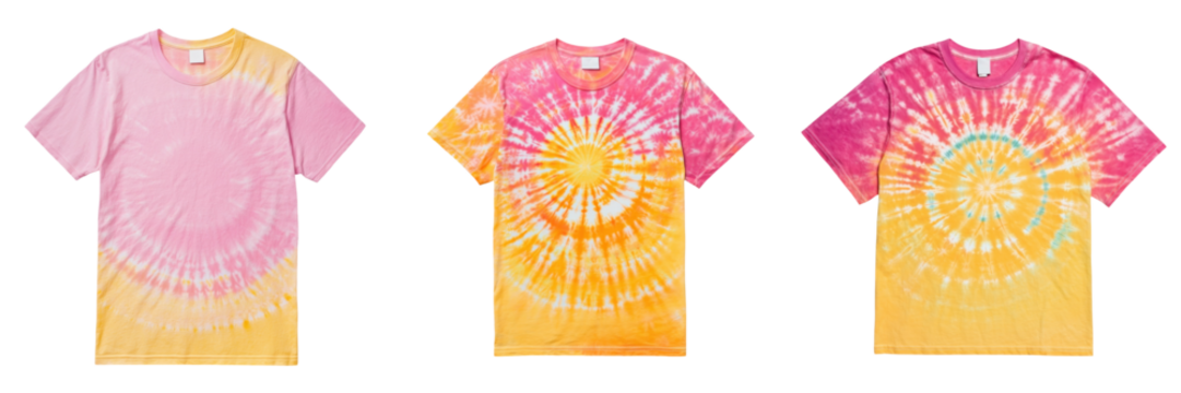A vibrant collection of tie-dye t-shirts showcasing pink and yellow spirals, perfect for summer fashion and casual wear. transparent background