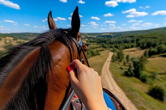 A hand with red nails gripping the reins of a horse, preparing for a ride through a picturesque countryside