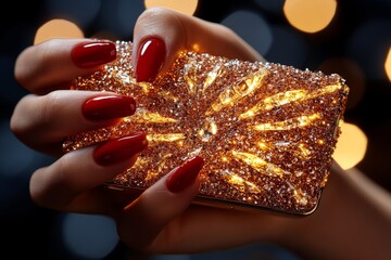 A hand with red nails holding a sparkling clutch bag, prepared for a glamorous evening out